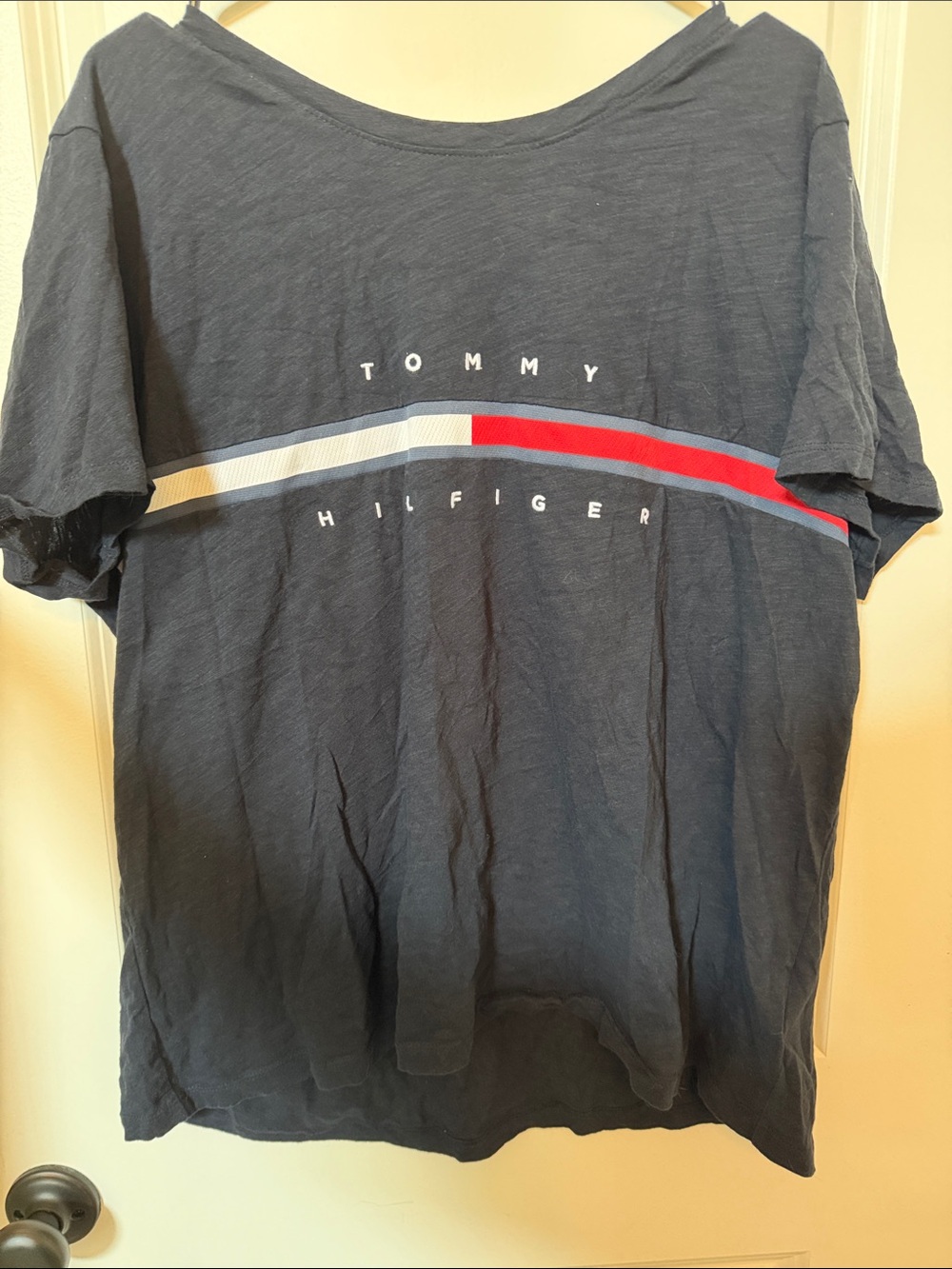 Tommy Hilfiger Navy Tee with Red, White & Blue Chest Stripe